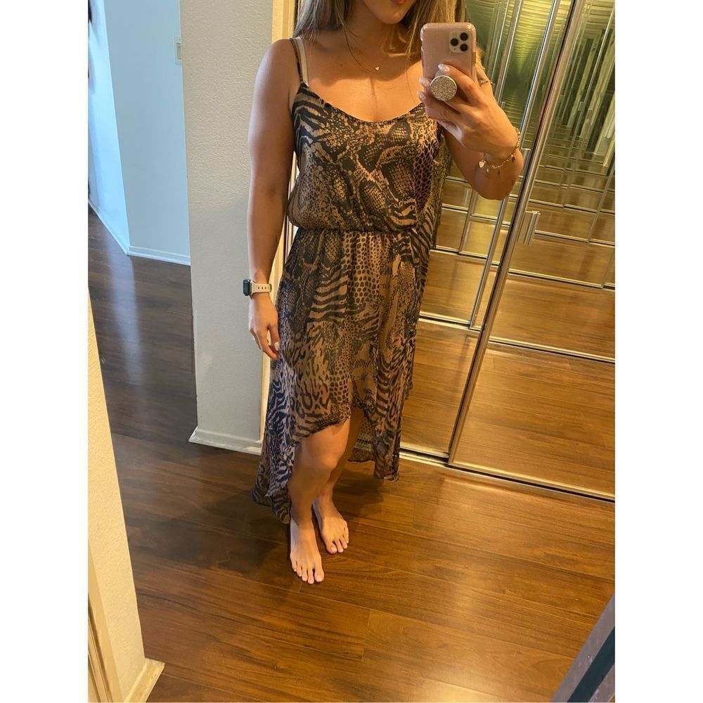 Audrey 3+1 S animal print brown spaghetti strap high low dress